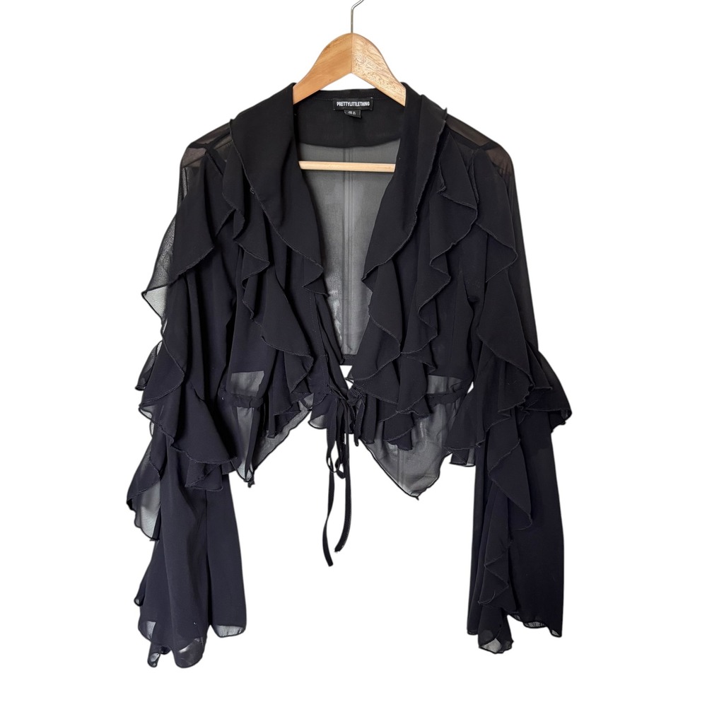 PrettyLittleThing Ruffle Blouse Women US 8 Black Good Sheer Tie Front Cropped
